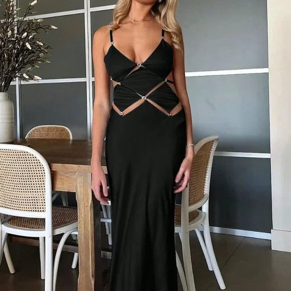 Black Preppy Womens Cut Out Waist Cami Dress - Picture 3 of 3